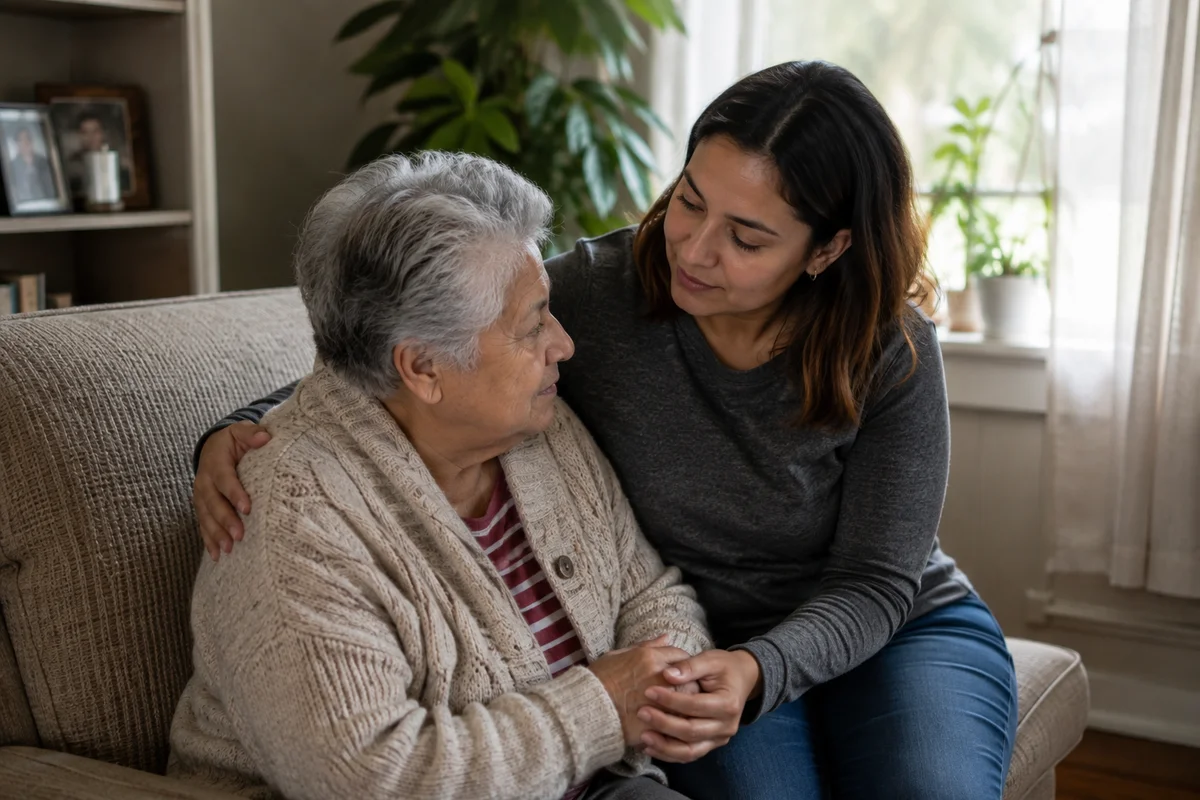 A woman sitting with and comforting an elderly parent at home, holding her hand.