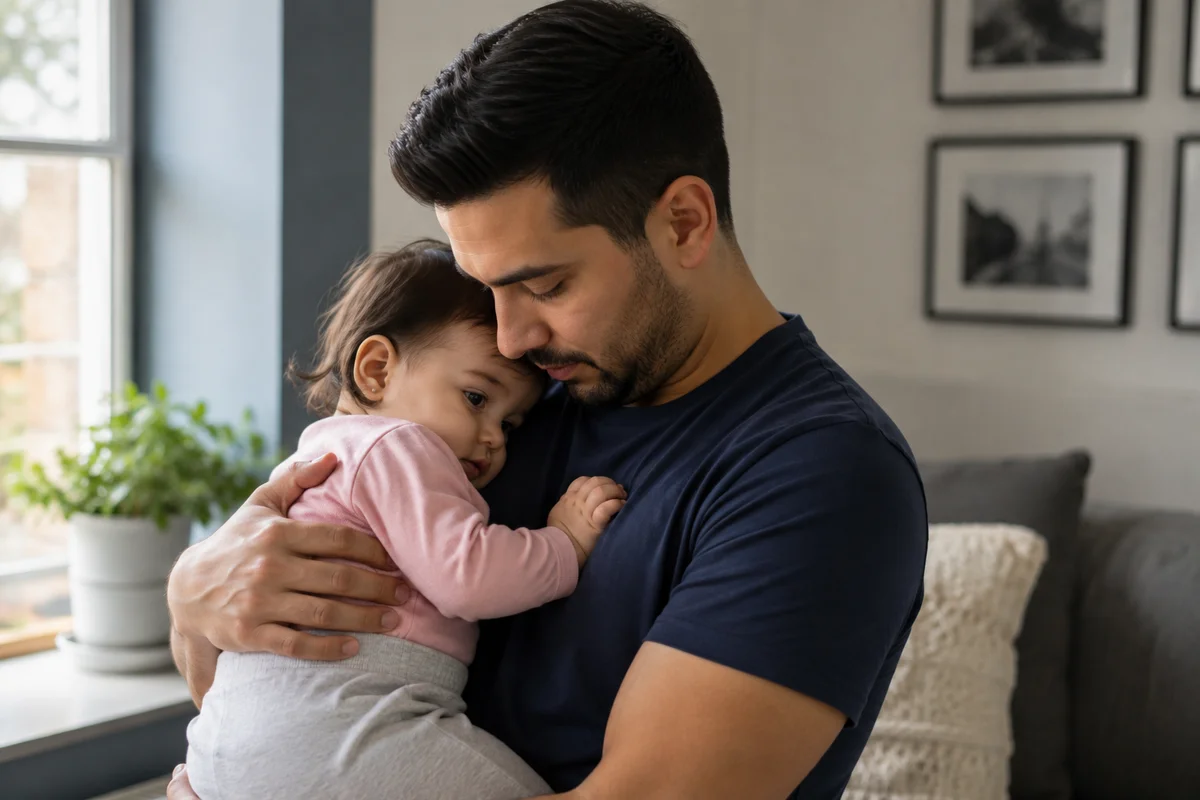 A father tenderly holding his infant child at home during bonding time.