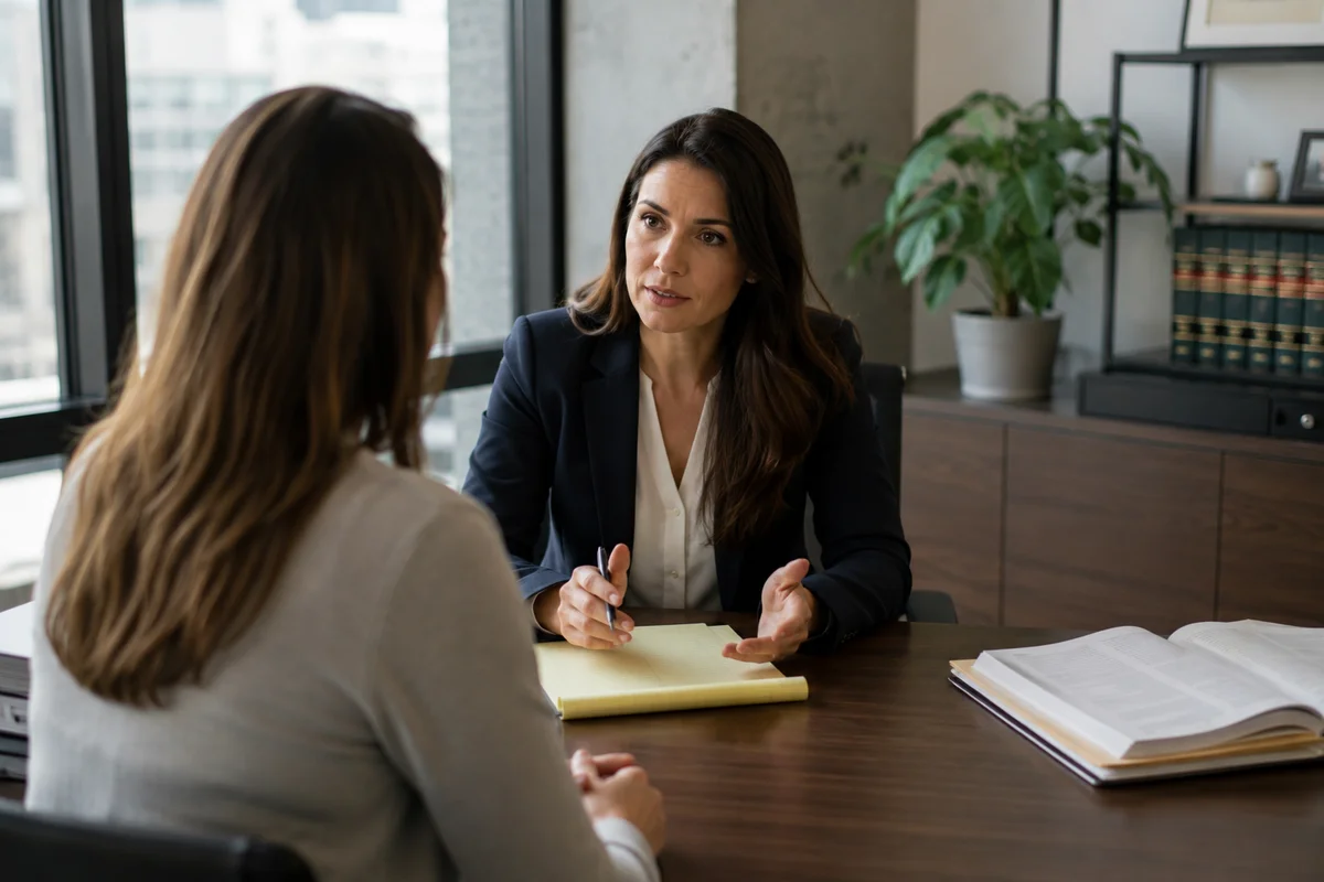 An employment attorney meeting with a client across a desk in an office, discussing documents during a consultation.