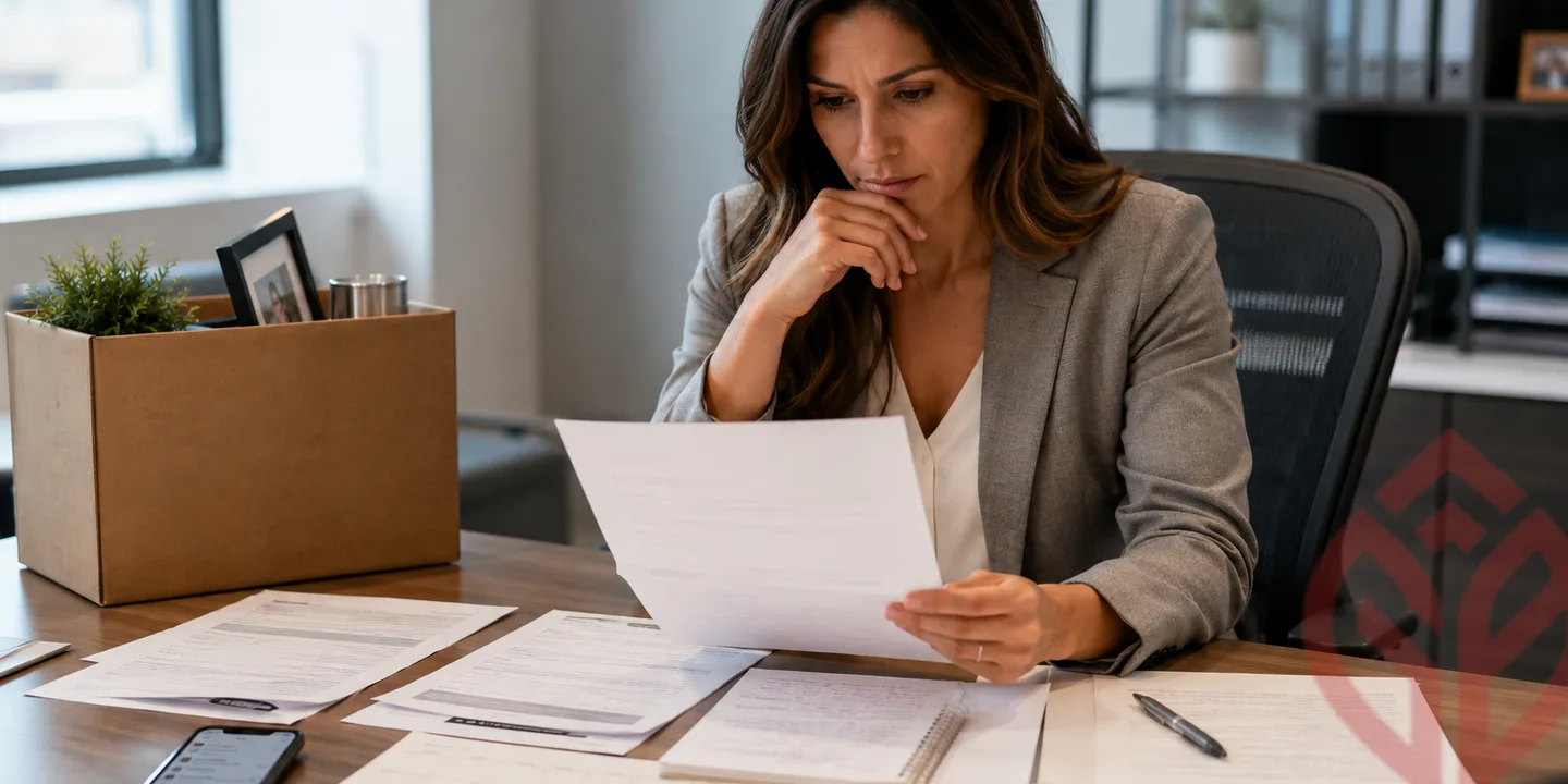 A woman at a desk with a box of office belongings, reviewing employment records and a calendar after a job termination.
