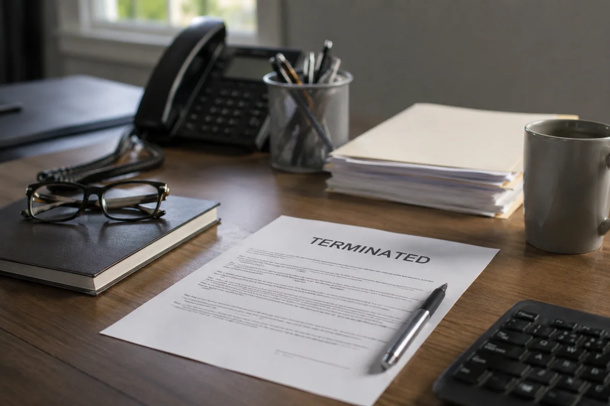 A termination letter marked TERMINATED lying on a wooden desk next to reading glasses, a stack of files, and a coffee mug.