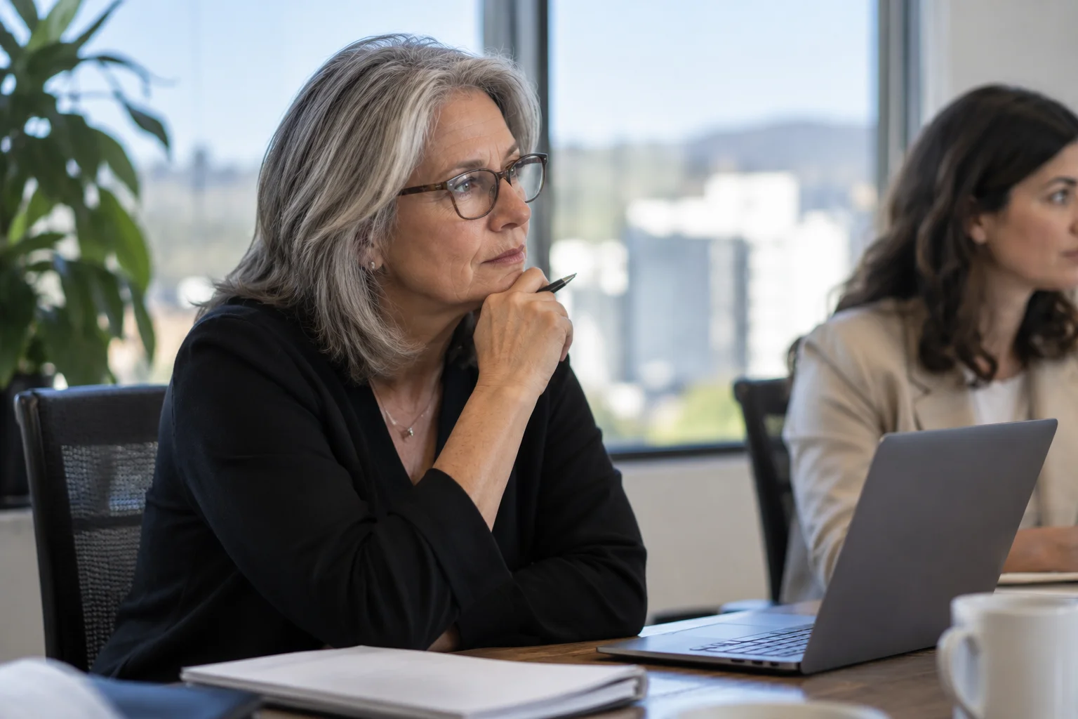 Experienced employee with gray hair listening during a meeting in a conference room