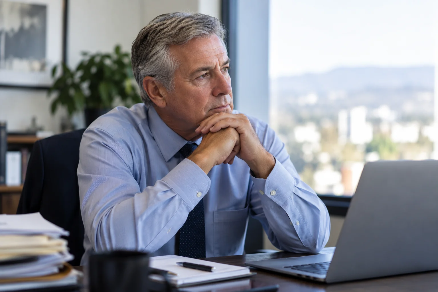 Older professional sitting thoughtfully at his desk beside a laptop and paperwork