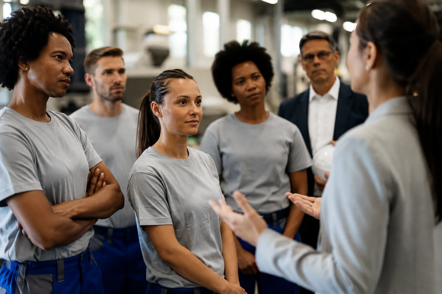 California employees gathered for a workplace meeting inside a manufacturing facility