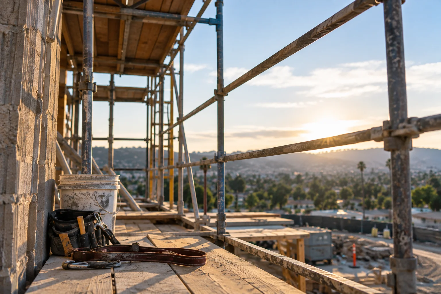 Scaffolding walkway with a tool belt and bucket overlooking a construction site at sunset