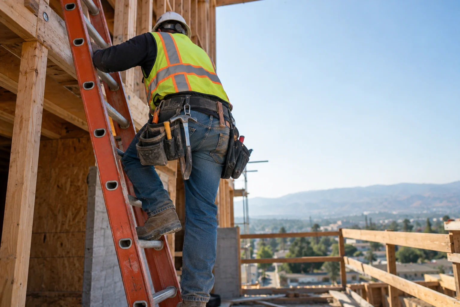 Construction worker in a safety vest and hard hat climbing a ladder on a California jobsite