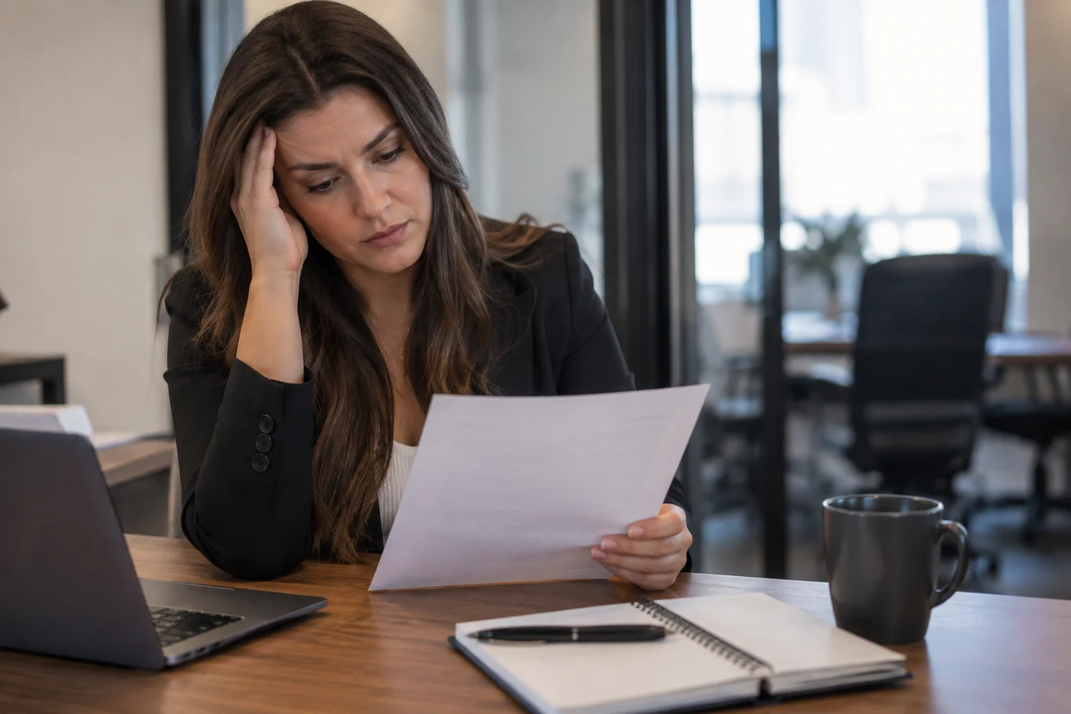 Worried employee at her desk reading a written warning from her employer