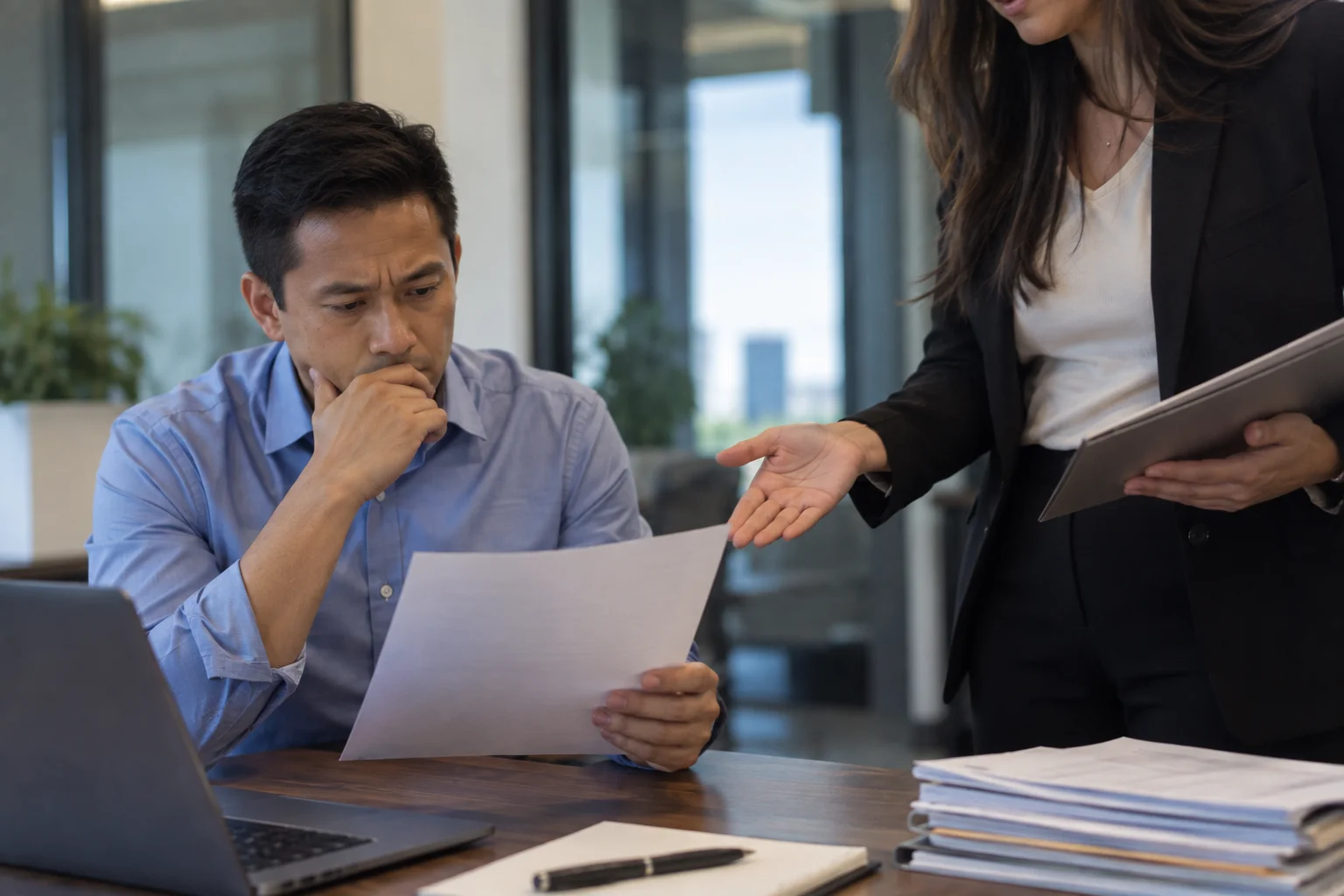 Manager confronting a concerned employee with paperwork at his desk