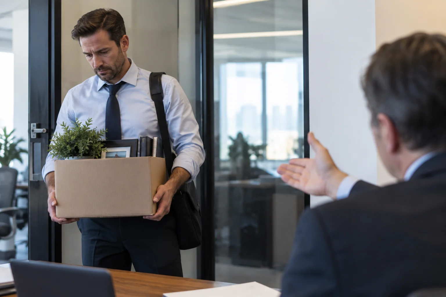Terminated employee carrying a box of belongings out of an office while a manager gestures