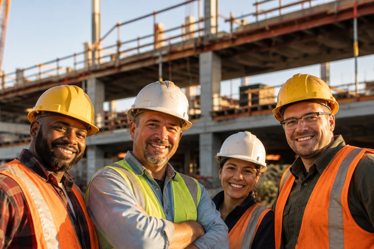 Four California construction workers in hard hats and high-visibility safety vests smiling together at a job site