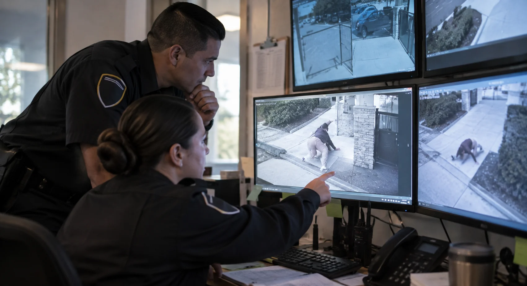 Security staff reviewing surveillance camera footage of a property entrance