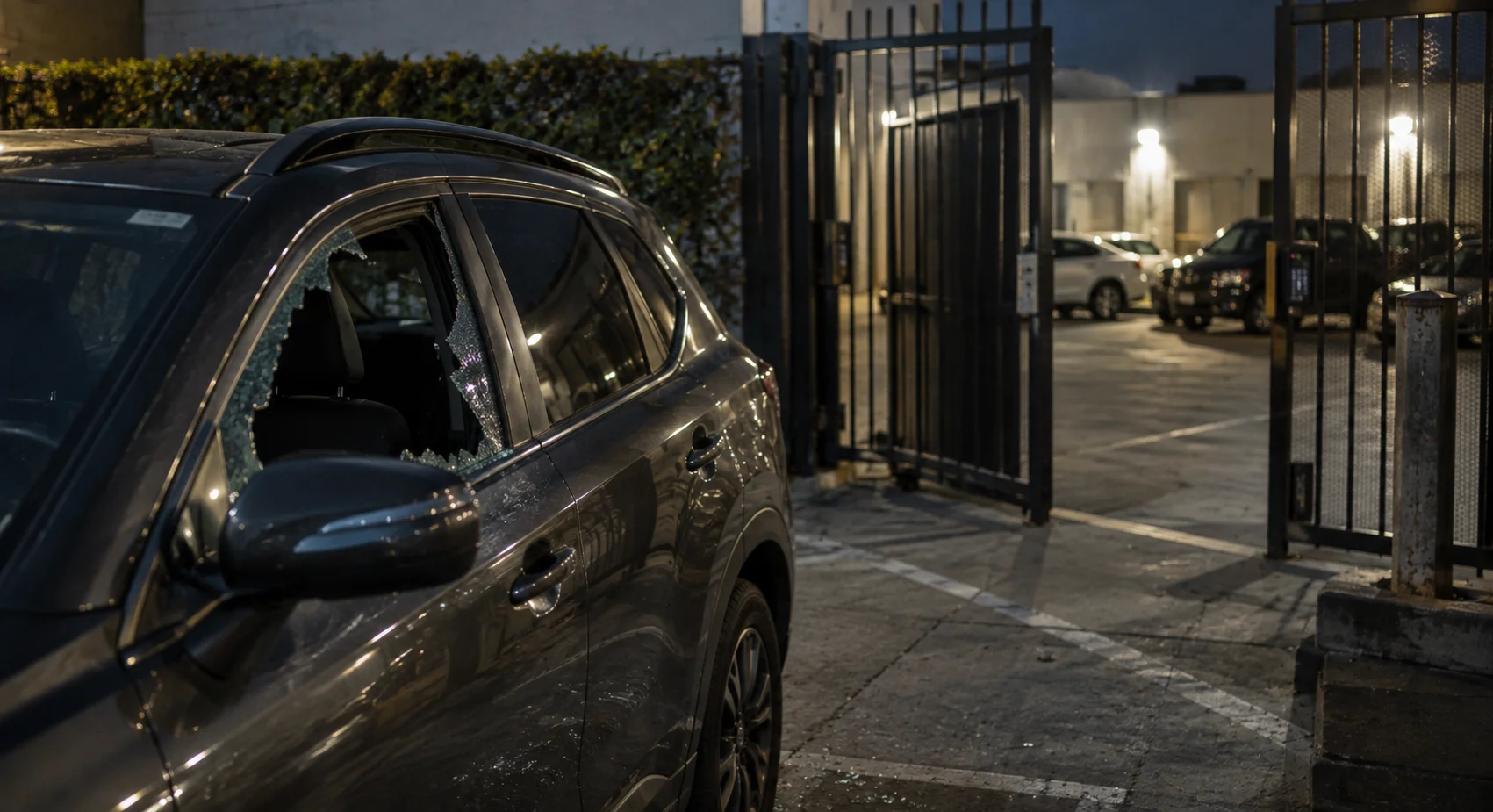 Car with a shattered window next to an open security gate in a dark parking area at night