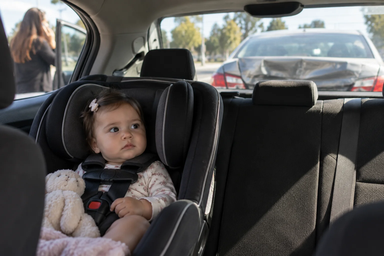 Young child buckled into a car seat while an adult makes a phone call outside the vehicle, with a rear-ended car visible through the back window