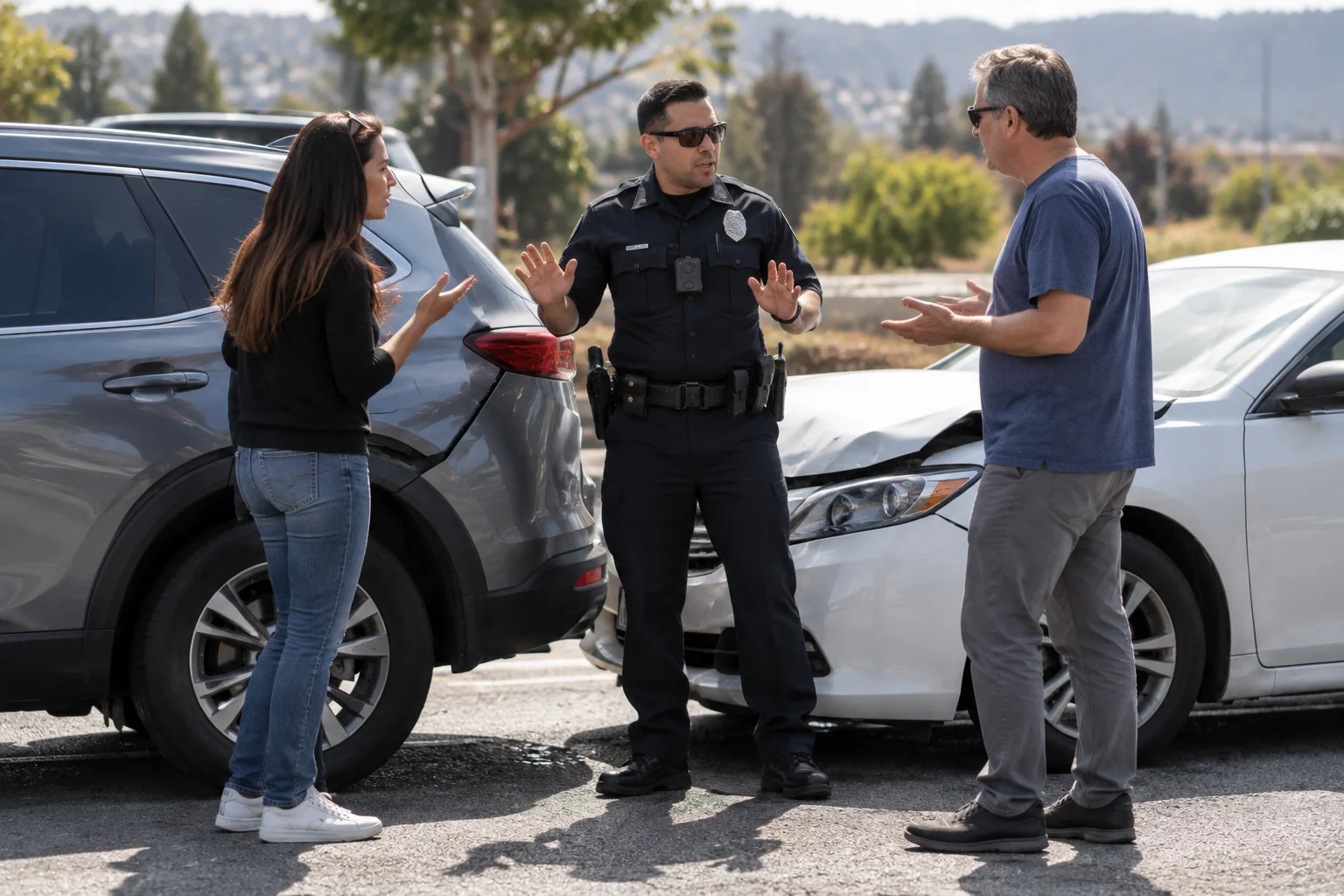Police officer speaking with two drivers beside their damaged vehicles after a rear-end collision